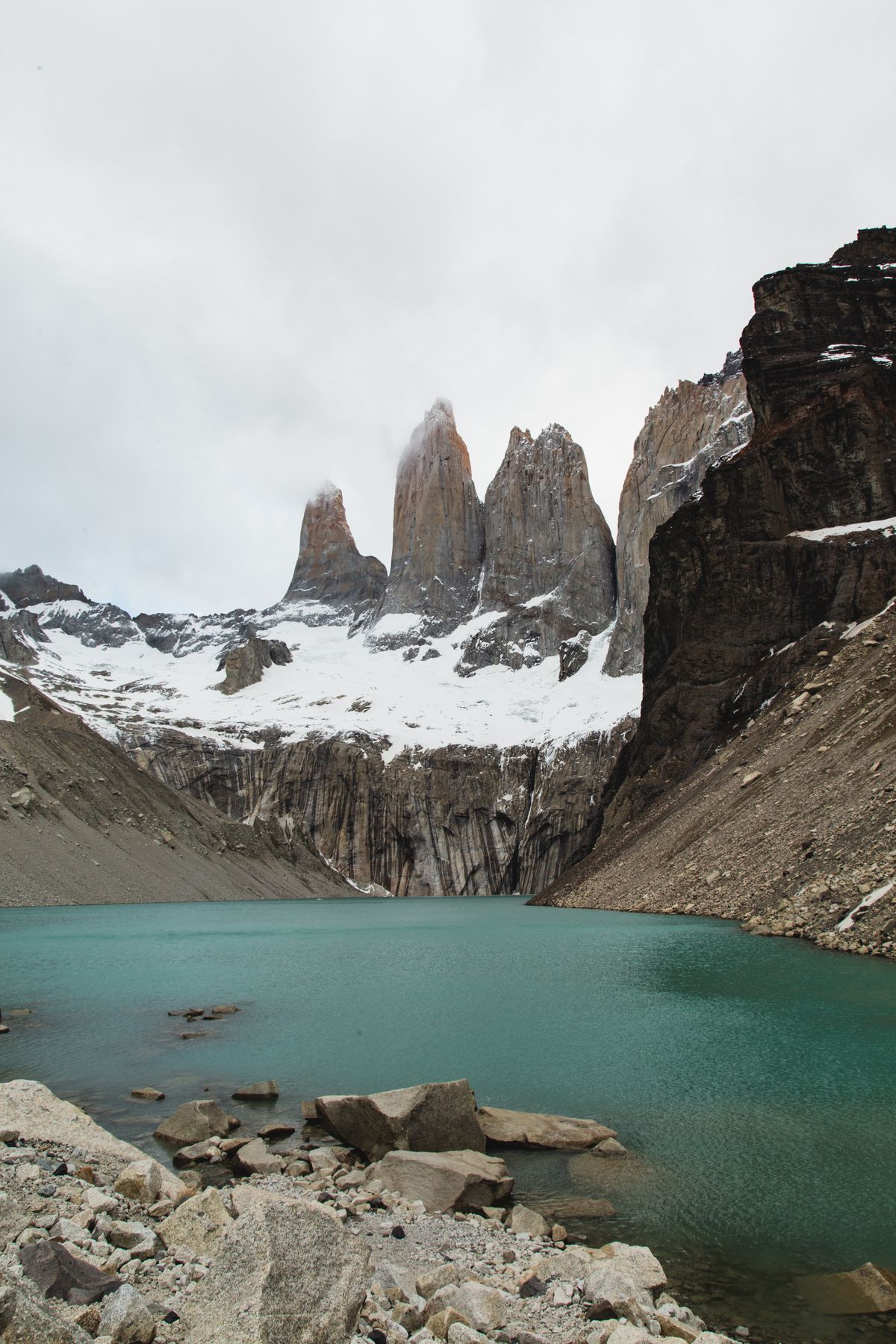 The granite towers of Torres del Paine above a glacial lagoon