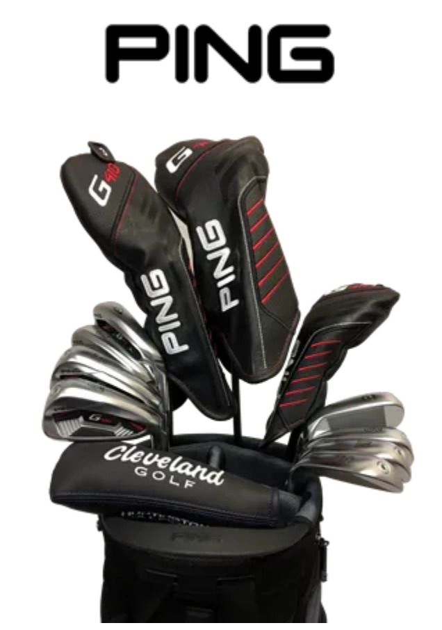 PING and Cleveland Golf club headcovers and irons in a golf bag